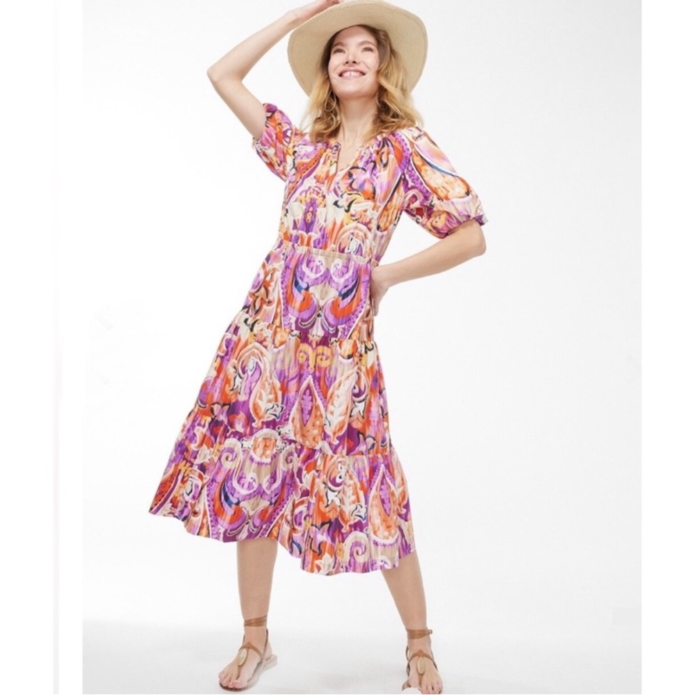 Chicos Puff Sleeve Tiered Paisley Cotton Midi Dress 12 - Picture 6 of 12